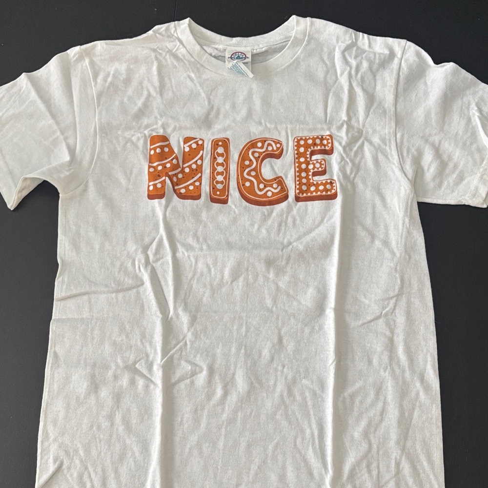 NWOT White Christmas Tee with iced cookie  'NICE' Graphic
